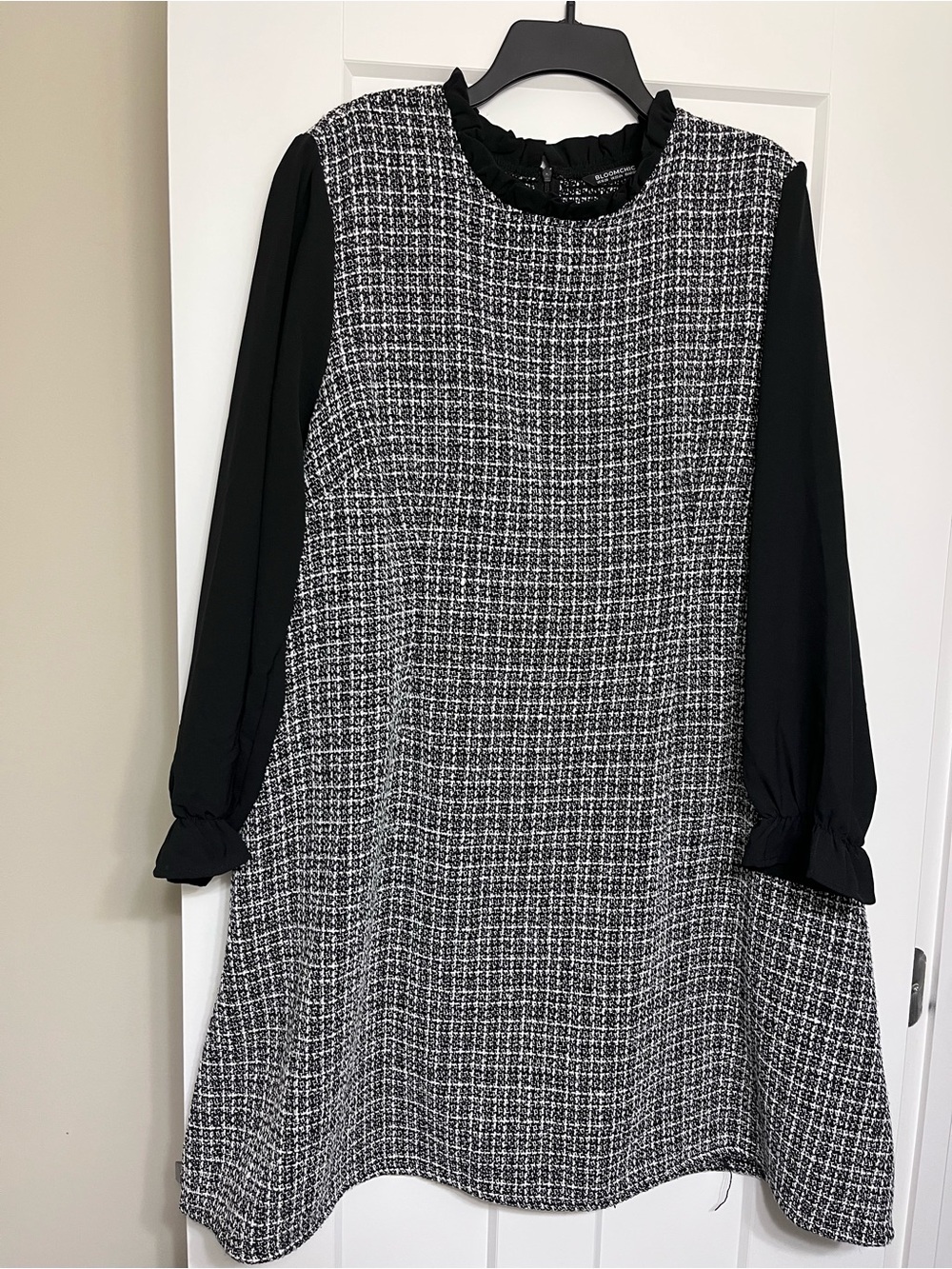Bloomchic Black & White Tweed A-Line Dress with Black Sleeves